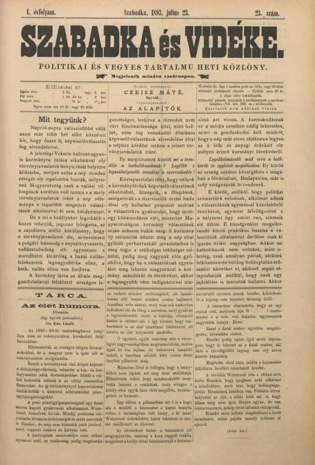 Szabadka és vidéke II, 1. évf. 1893. július 23. 23. sz.