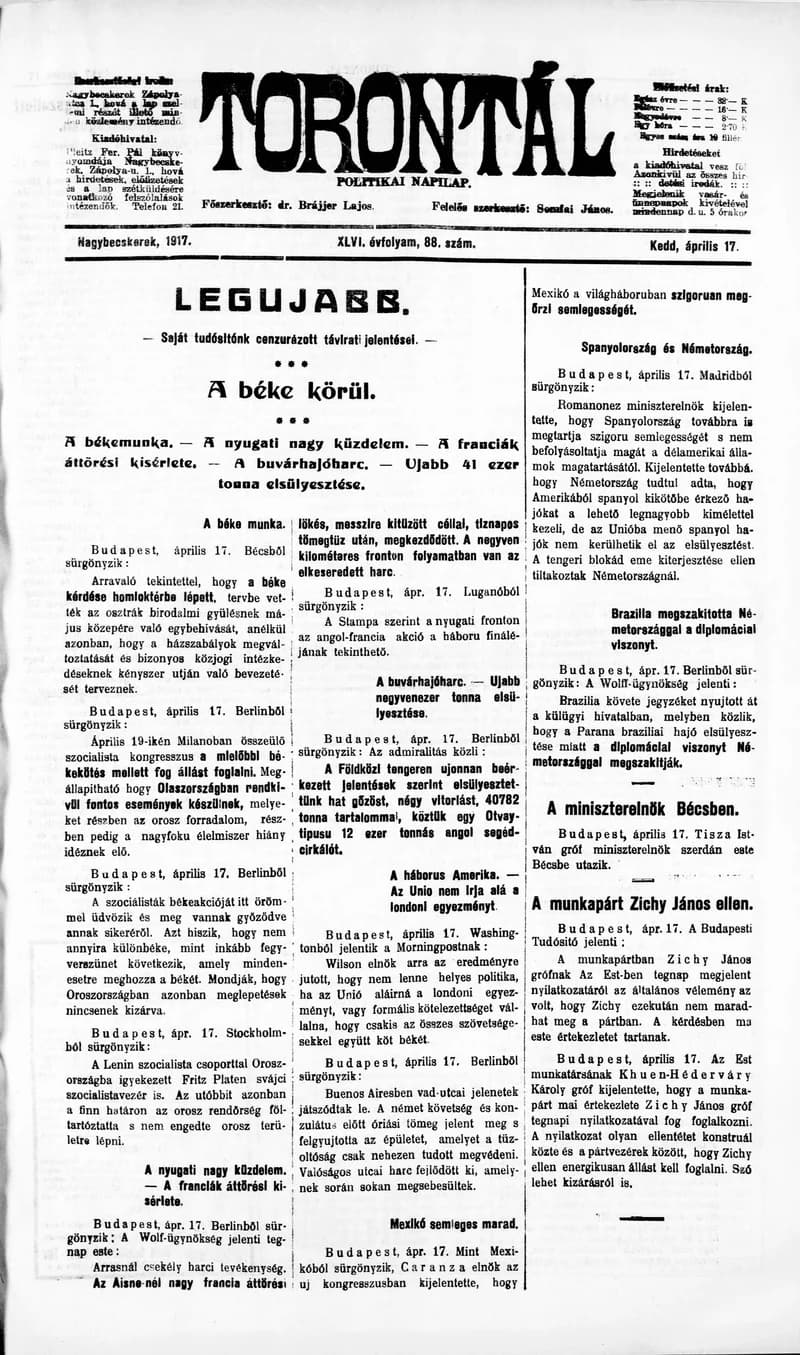 Torontál, 46. évf. 1917. április 17. 88. sz.