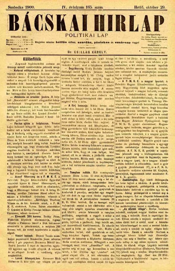 Bácskai Hirlap, 4. évf. 1900. október 29. 165. sz.