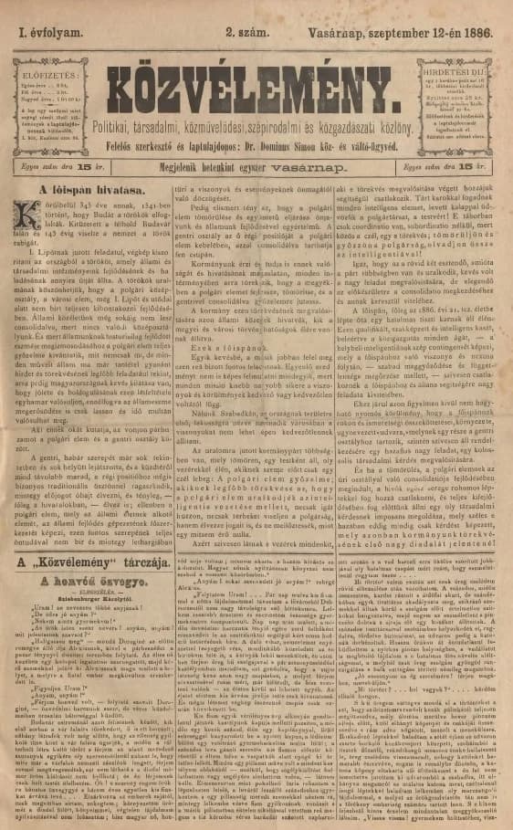 Közvélemény, 1. évf. 1886. szeptember 12. 2. sz.