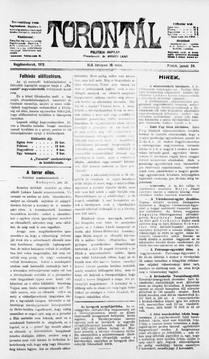 Torontál, 42. évf. 1913. január 24. 19. sz.