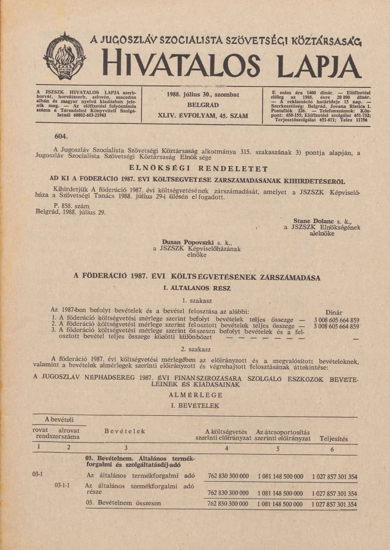 A Jugoszláv Szocialista Szövetségi Köztársaság Hivatalos Lapja, 30. évf. 1988. július 30. 45. sz. 1237–1292. oldal