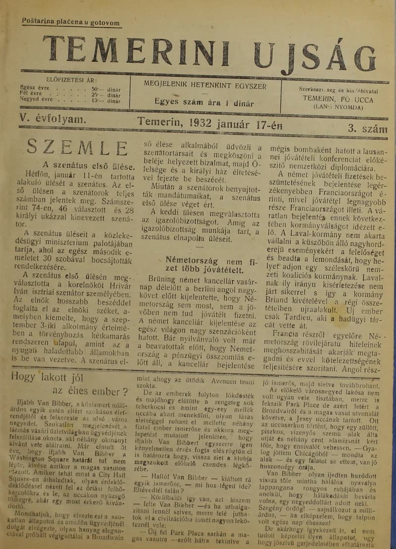 Temerini Újság 1928-1944, 5. évf. 1932. január 17. 3. sz.