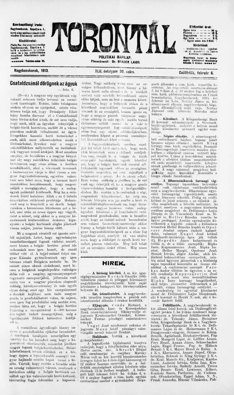 Torontál, 42. évf. 1913. február 6. 30. sz.