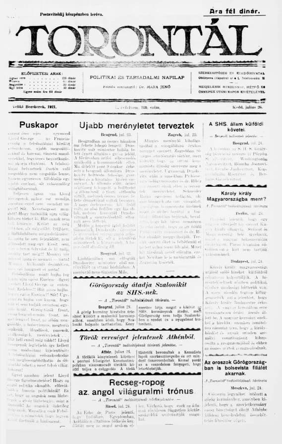 Torontál, 50. évf. 1921. július 26. 160. sz.