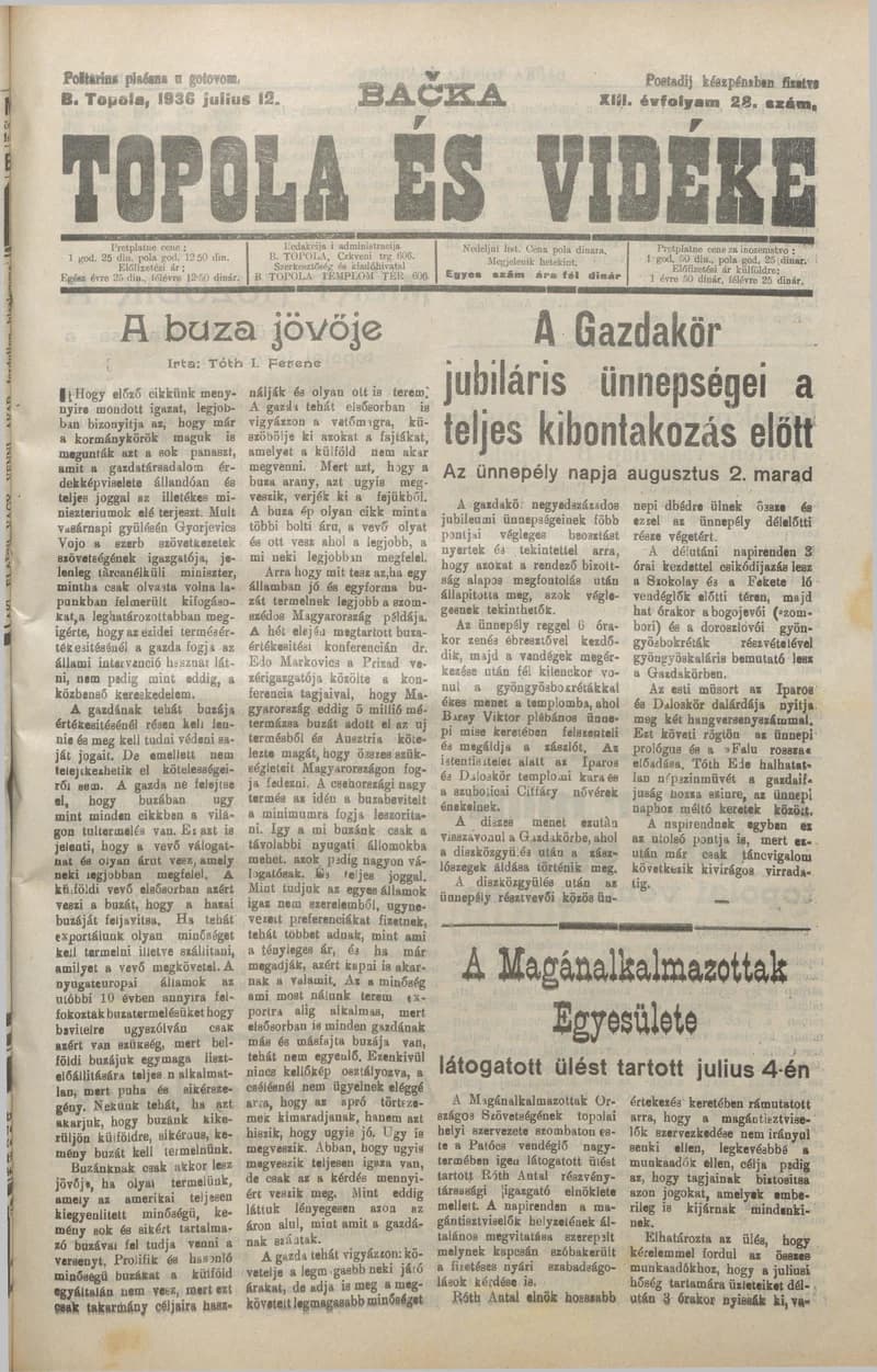 Bačka Topola és Vidéke, 13. évf. 1936. július 12. 28. sz.