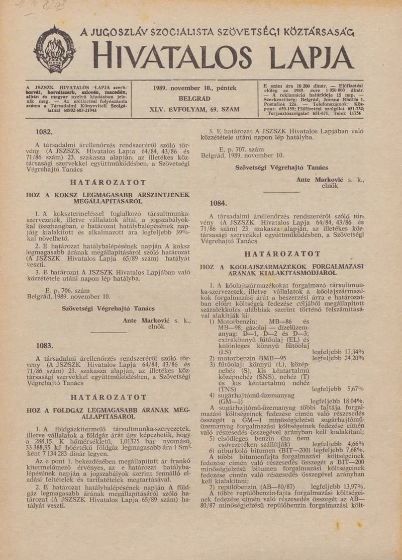 A Jugoszláv Szocialista Szövetségi Köztársaság Hivatalos Lapja, 45. évf. 1989. november 10. 69. sz. 1721–1728. oldal