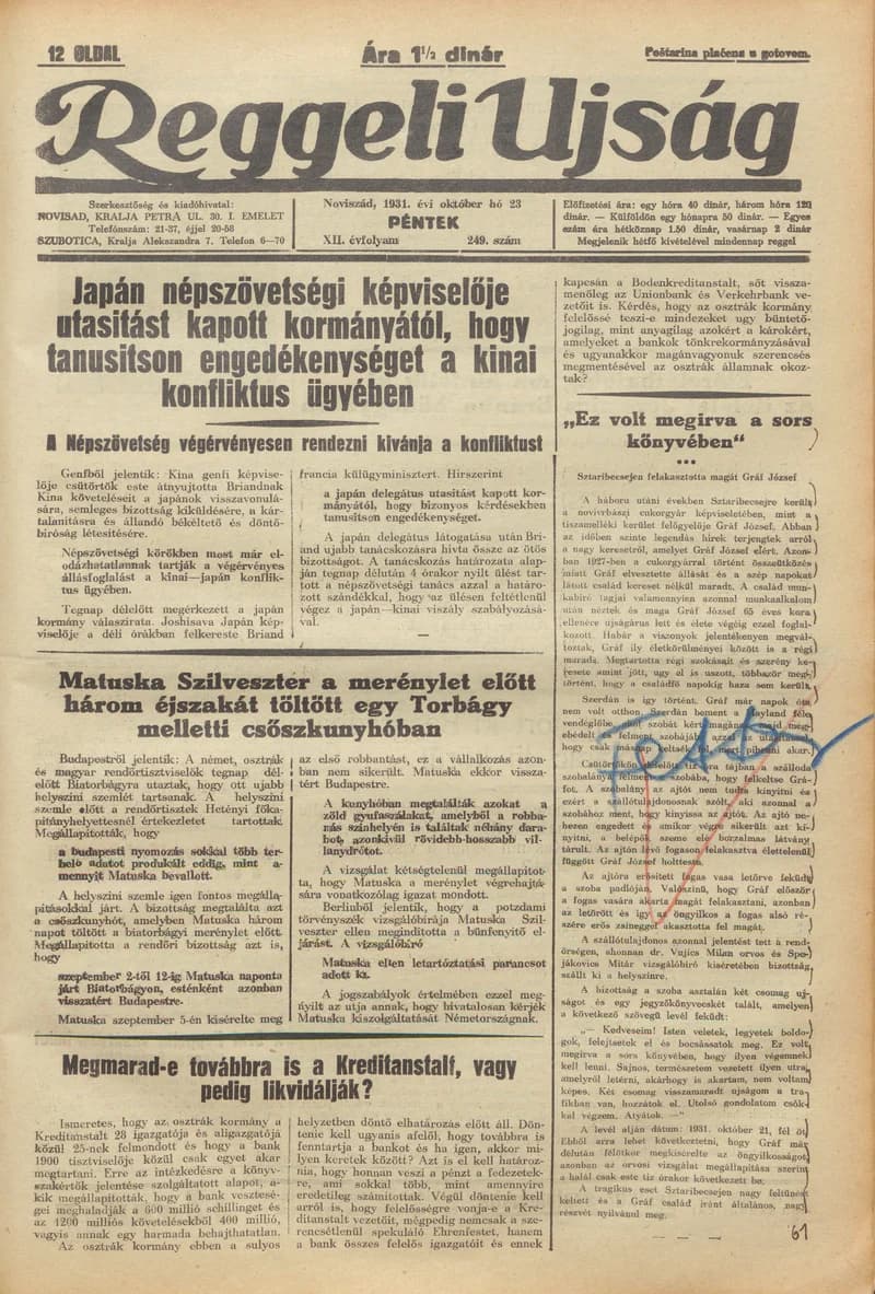 Reggeli Újság, 12. évf. 1931. október 23. 249. sz.
