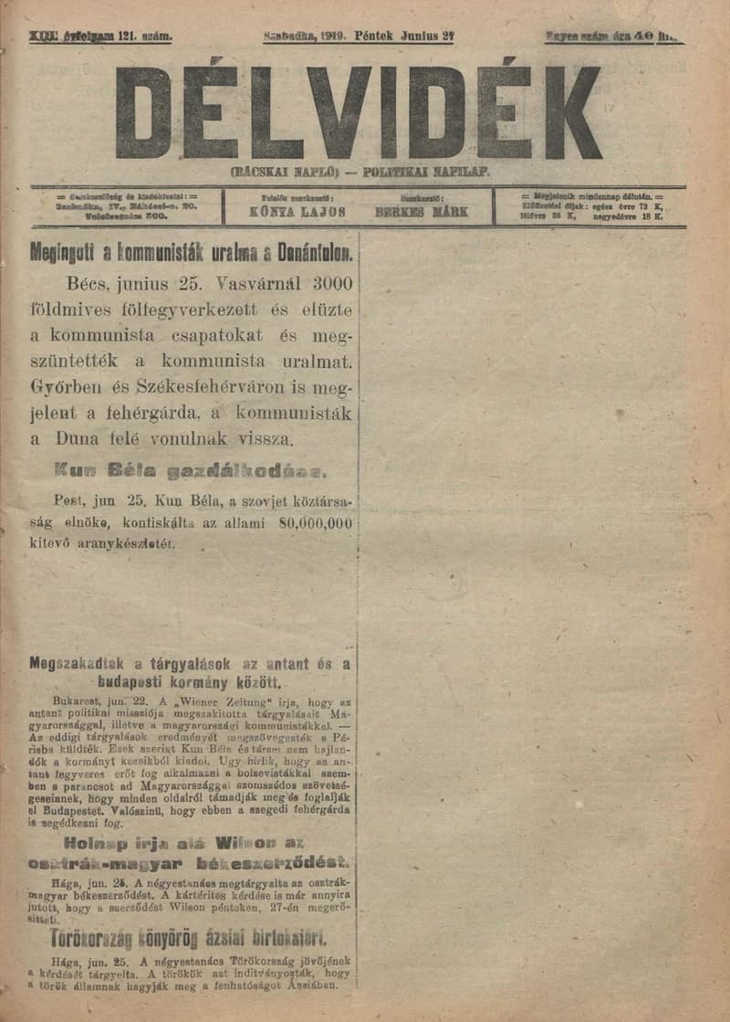 Délvidék, 13. évf. 1919. június 27. 121. sz.
