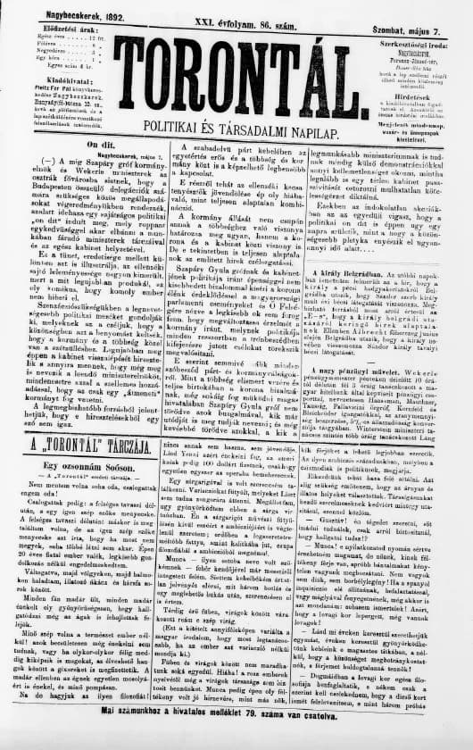 Torontál, 21. évf. 1892. május 7. 86. sz.
