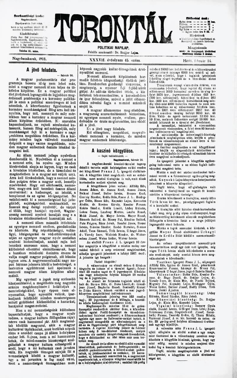 Torontál, 37. évf. 1908. február 24. 45. sz.