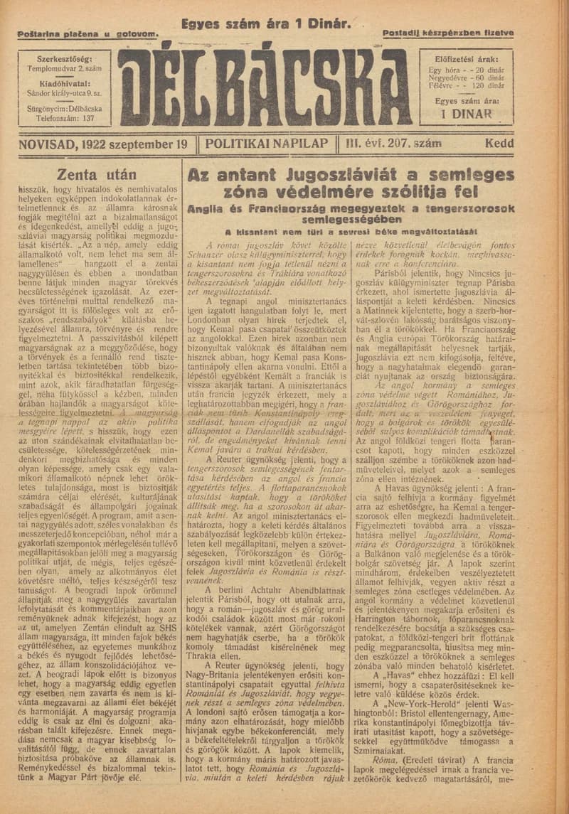 Délbácska, 3. évf. 1922. szeptember 22. 210. sz.