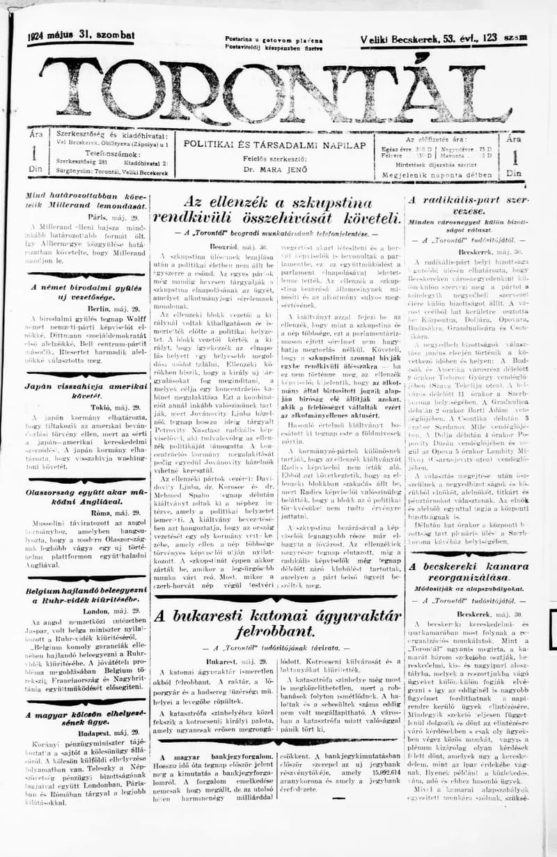Torontál, 53. évf. 1924. május 31. 123. sz.