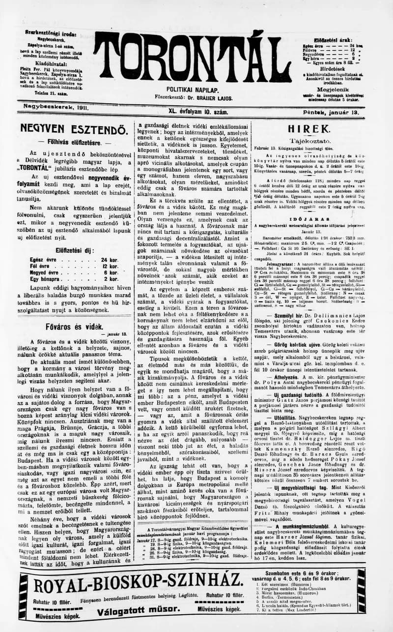 Torontál, 40. évf. 1911. január 13. 10. sz.