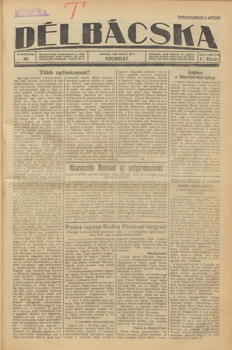 Délbácska, 6. évf. 1925. április 4. 80. sz.