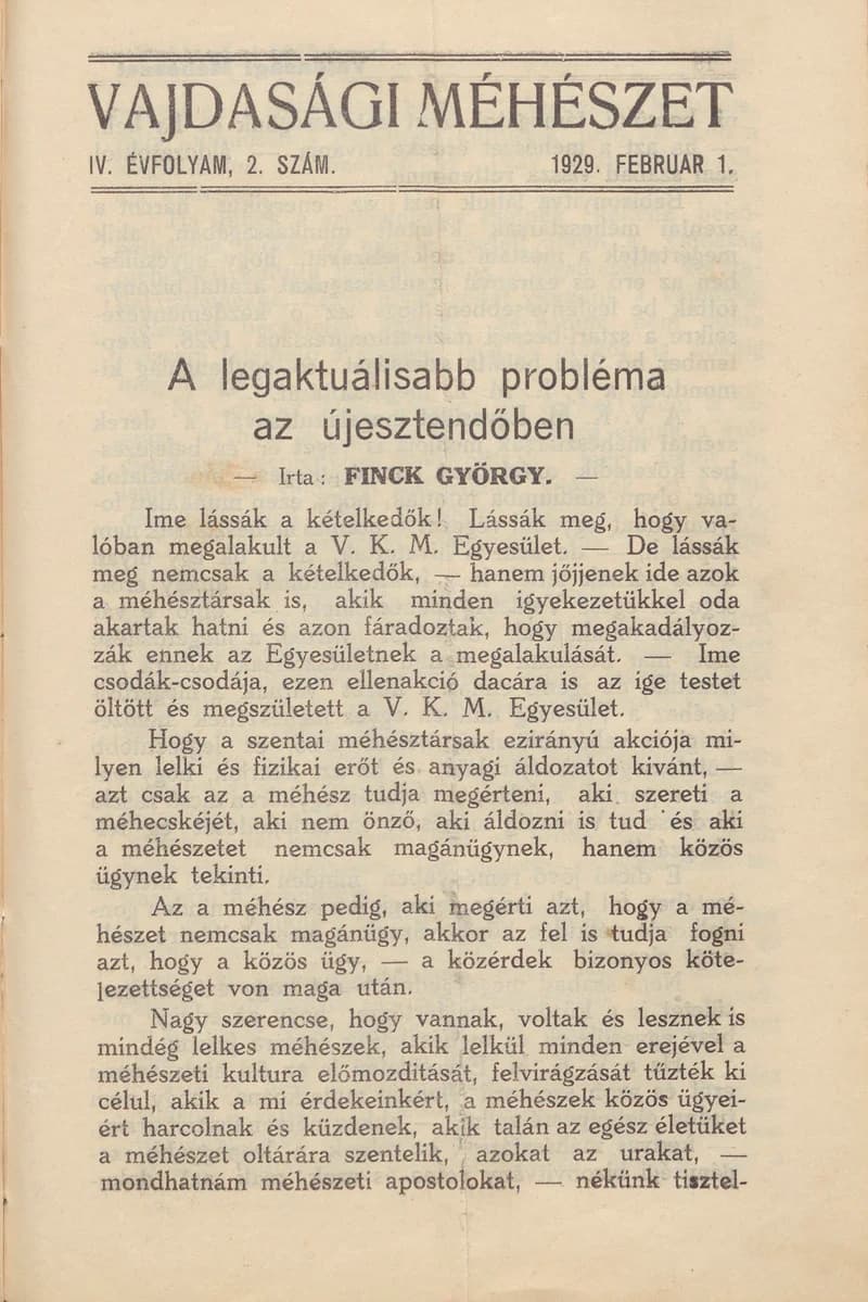 Vajdasági méhészet, 4. évf. 1929. február 1. 2. sz.