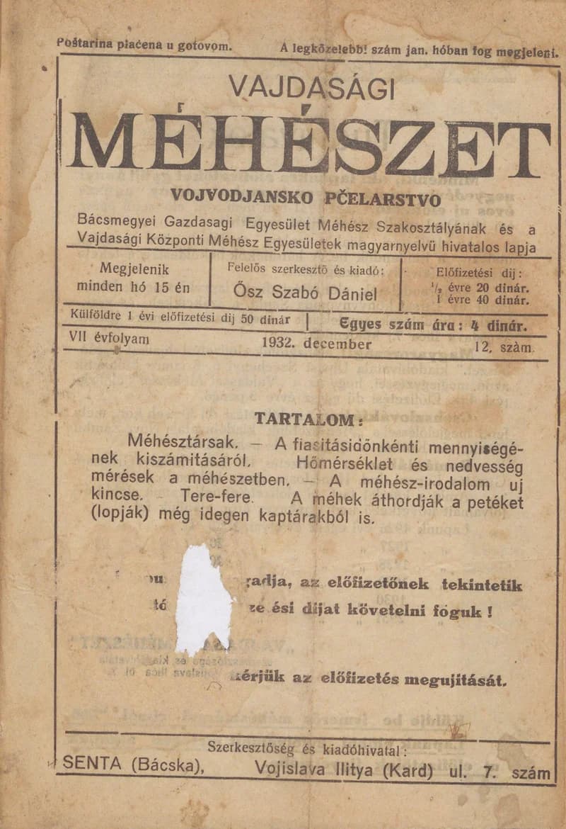 Vajdasági méhészet, 7. évf. 1932. december 1. 12. sz.