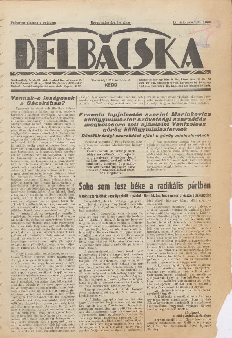 Délbácska, 9. évf. 1928. október 2. 230. sz.