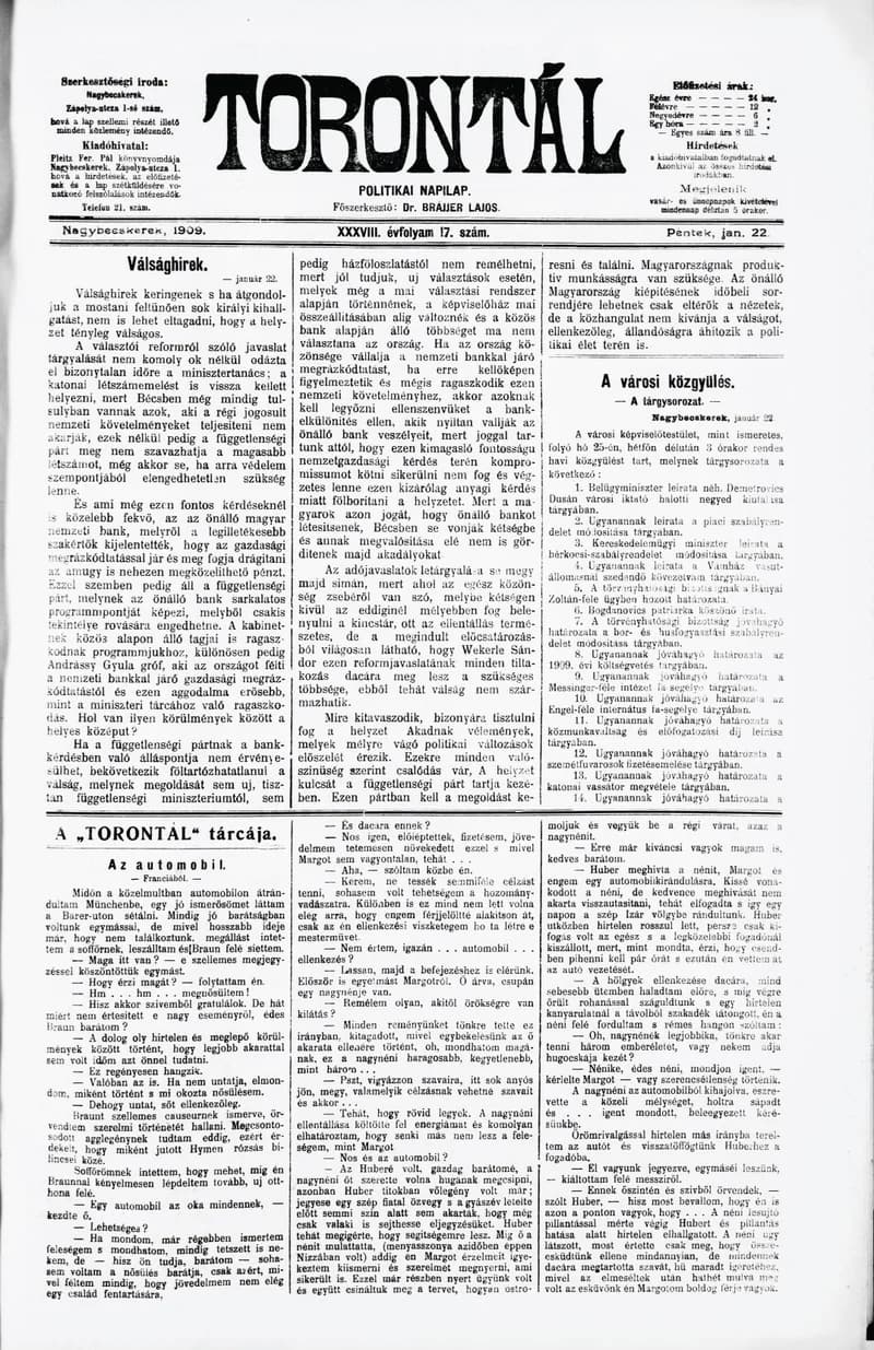 Torontál, 38. évf. 1909. január 22. 17. sz.