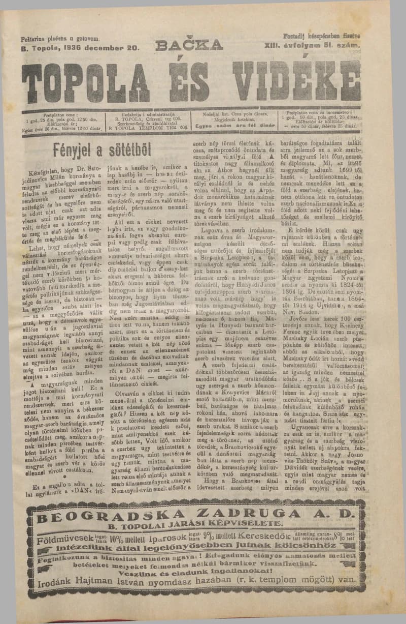 Bačka Topola és Vidéke, 13. évf. 1936. december 20. 51. sz.