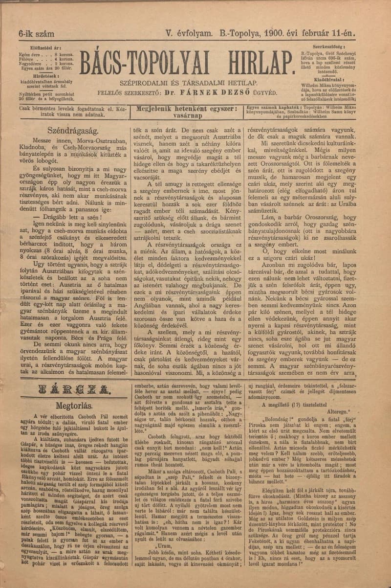 Bács-Topolyai Hirlap, 5. évf. 1900. február 11. 6. sz.