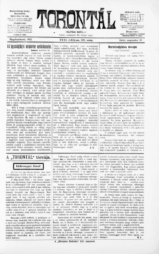 Torontál, 31. évf. 1902. szeptember 29. 222. sz.