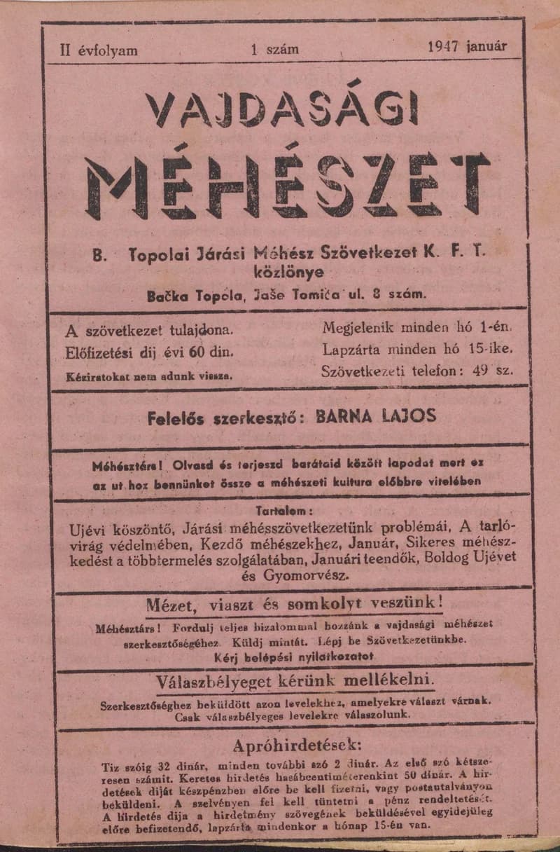 Vajdasági méhészet Bácska Topolya, 2. évf. 1947. január 1. 1. sz.