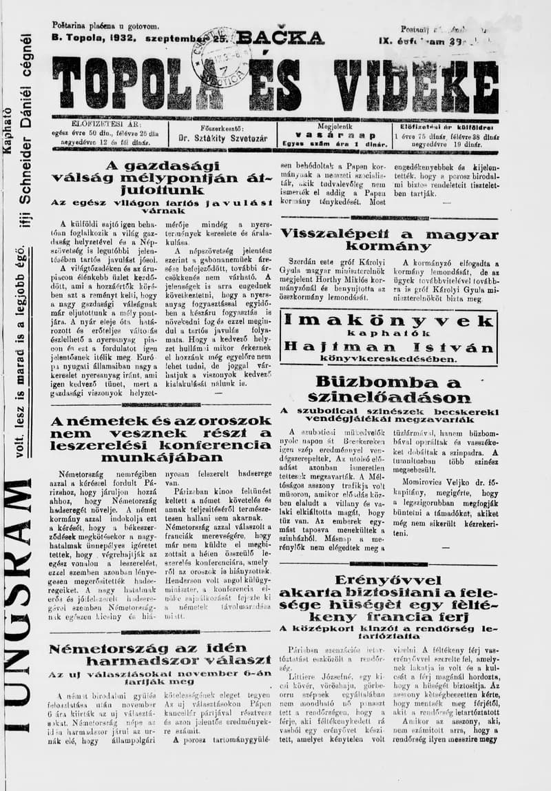 Bačka Topola és Vidéke, 9. évf. 1932. szeptember 25. 39. sz.