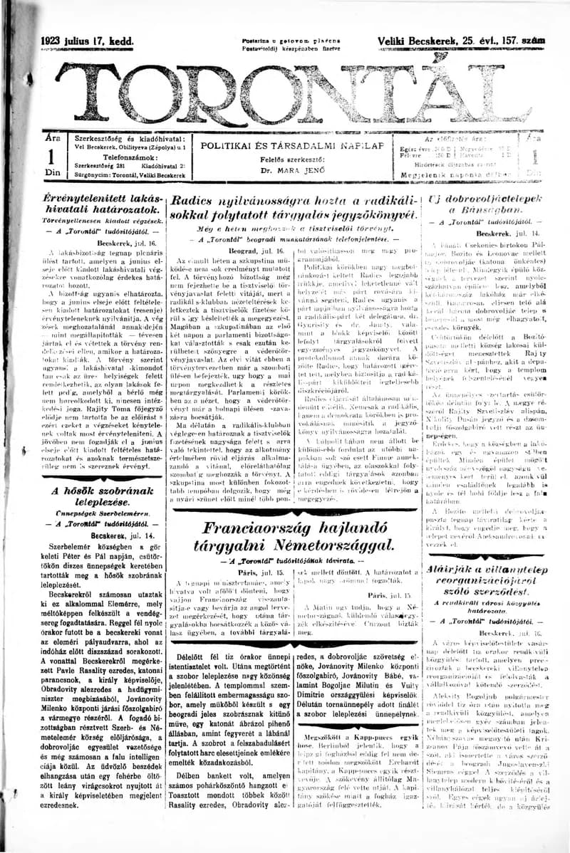 Torontál, 52. évf. 1923. július 17. 157. sz.