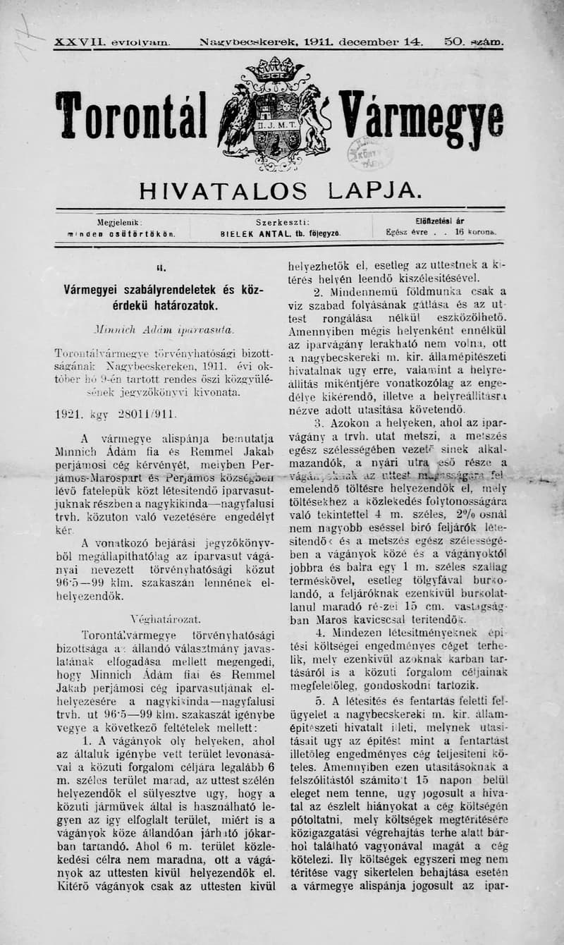 Torontál Vármegye Hivatalos Lapja, 27. évf. 1911. december 14. 50. sz.