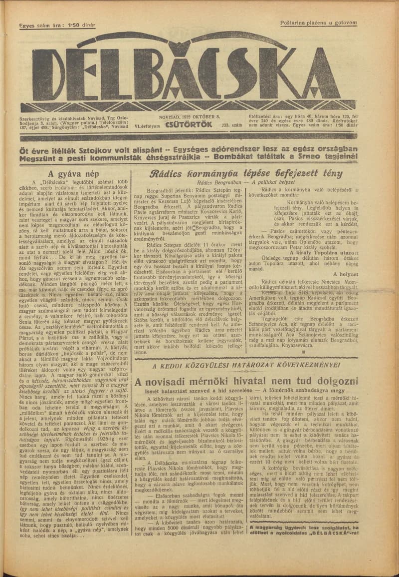 Délbácska, 6. évf. 1925. október 8. 233. sz.