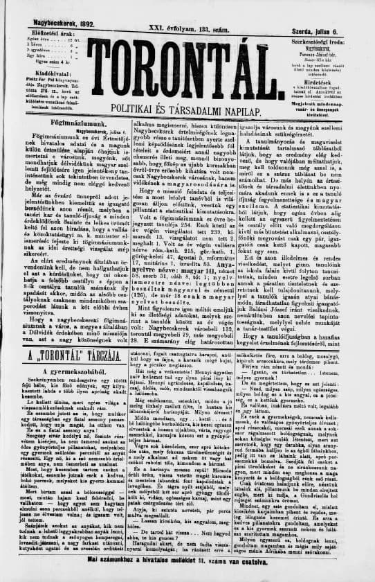 Torontál, 21. évf. 1892. július 6. 133. sz.