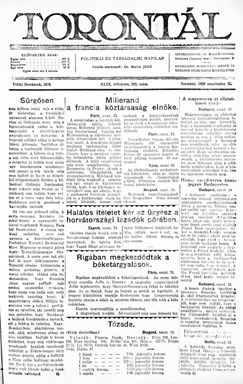 Torontál, 49. évf. 1920. szeptember 25. 212. sz.
