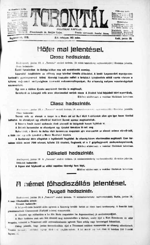 Torontál, 45. évf. 1916. június 20. 140. sz.