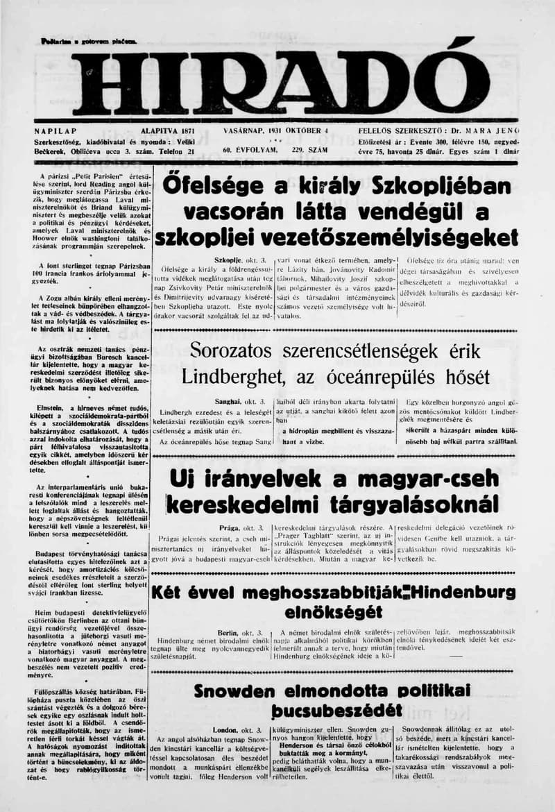 Híradó, 60. évf. 1931. október 4. 229. sz.