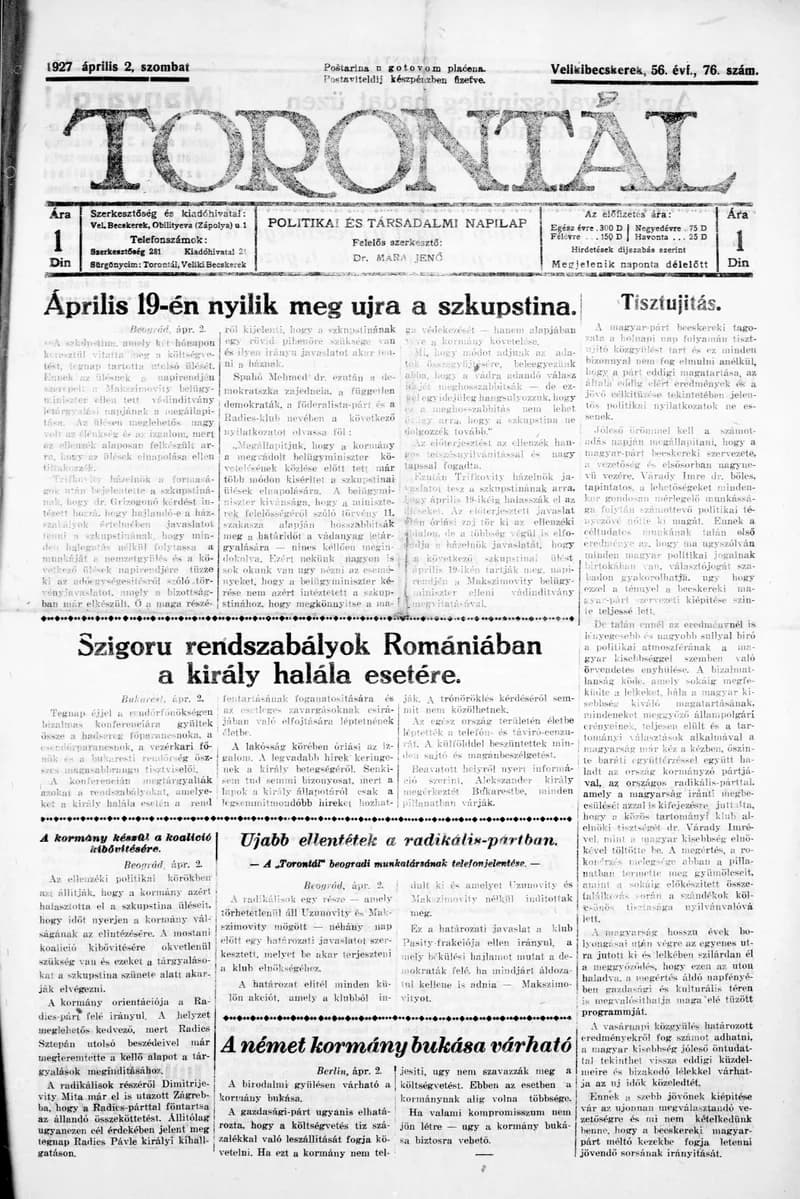 Torontál, 56. évf. 1927. április 2. 76. sz.