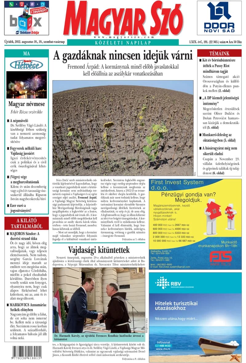 Magyar Szó, 69. évf. 2012. augusztus 18. – 19. 191. sz. 1–44. oldal