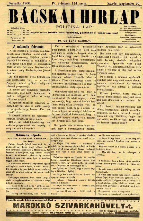 Bácskai Hirlap, 4. évf. 1900. szeptember 26. 144. sz.
