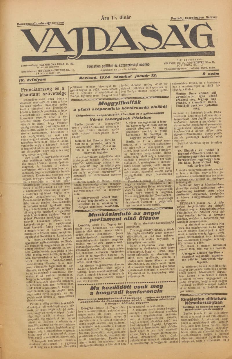 Vajdaság, 4. évf. 1924. január 12. 9. sz.