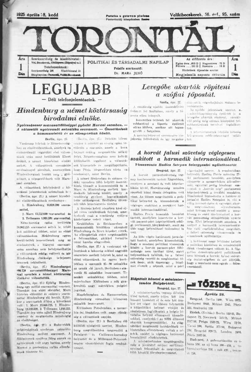 Torontál, 54. évf. 1925. április 28. 95. sz.
