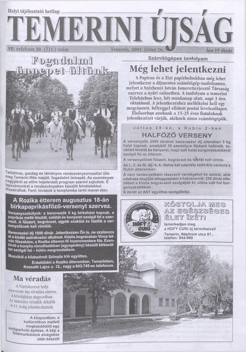 Temerini Újság, 7. évf. 2001. július 26. 30. sz.