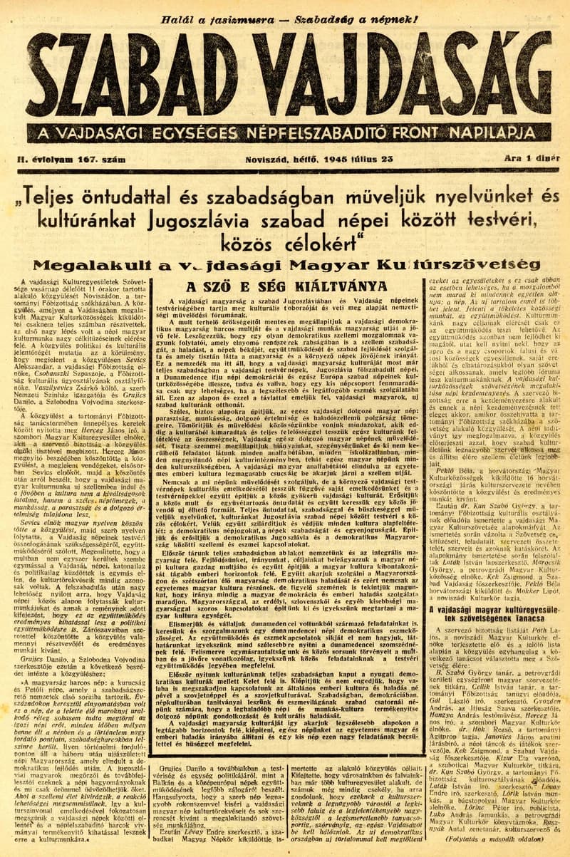 Szabad Vajdaság, 2. évf. 1945. július 23. 167. sz.