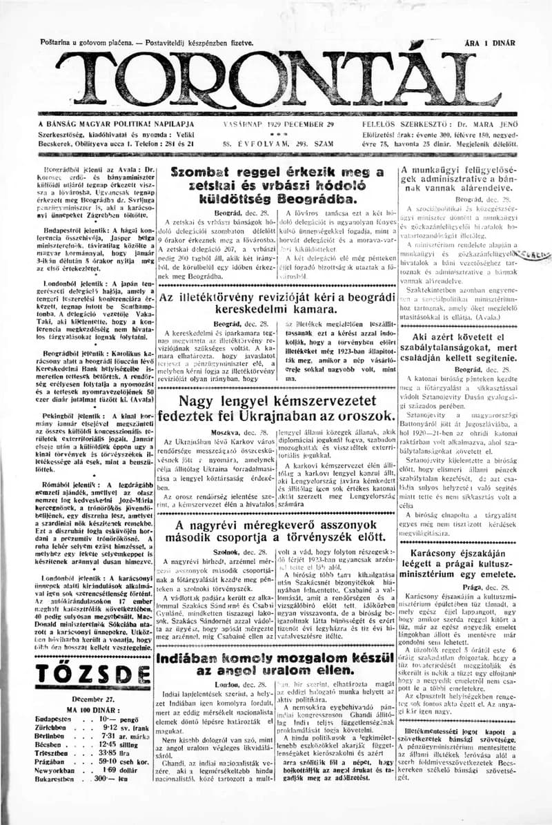 Torontál, 58. évf. 1929. december 29. 298. sz.