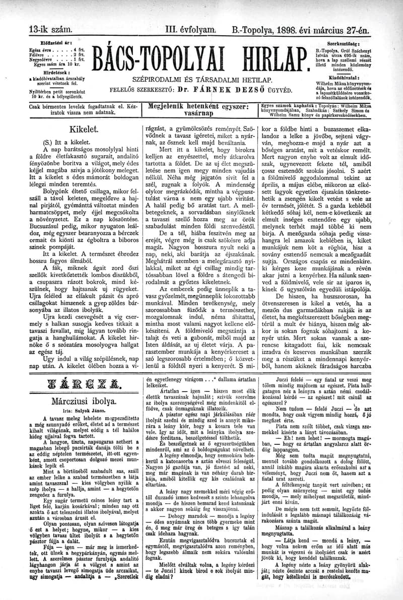 Bács-Topolyai Hirlap, 3. évf. 1898. március 27. 13. sz.