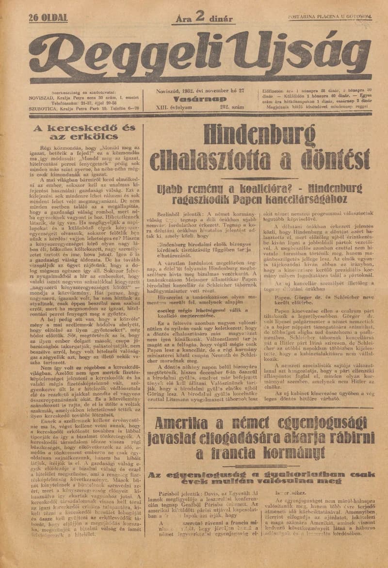 Reggeli Újság, 13. évf. 1932. november 27. 282. sz.