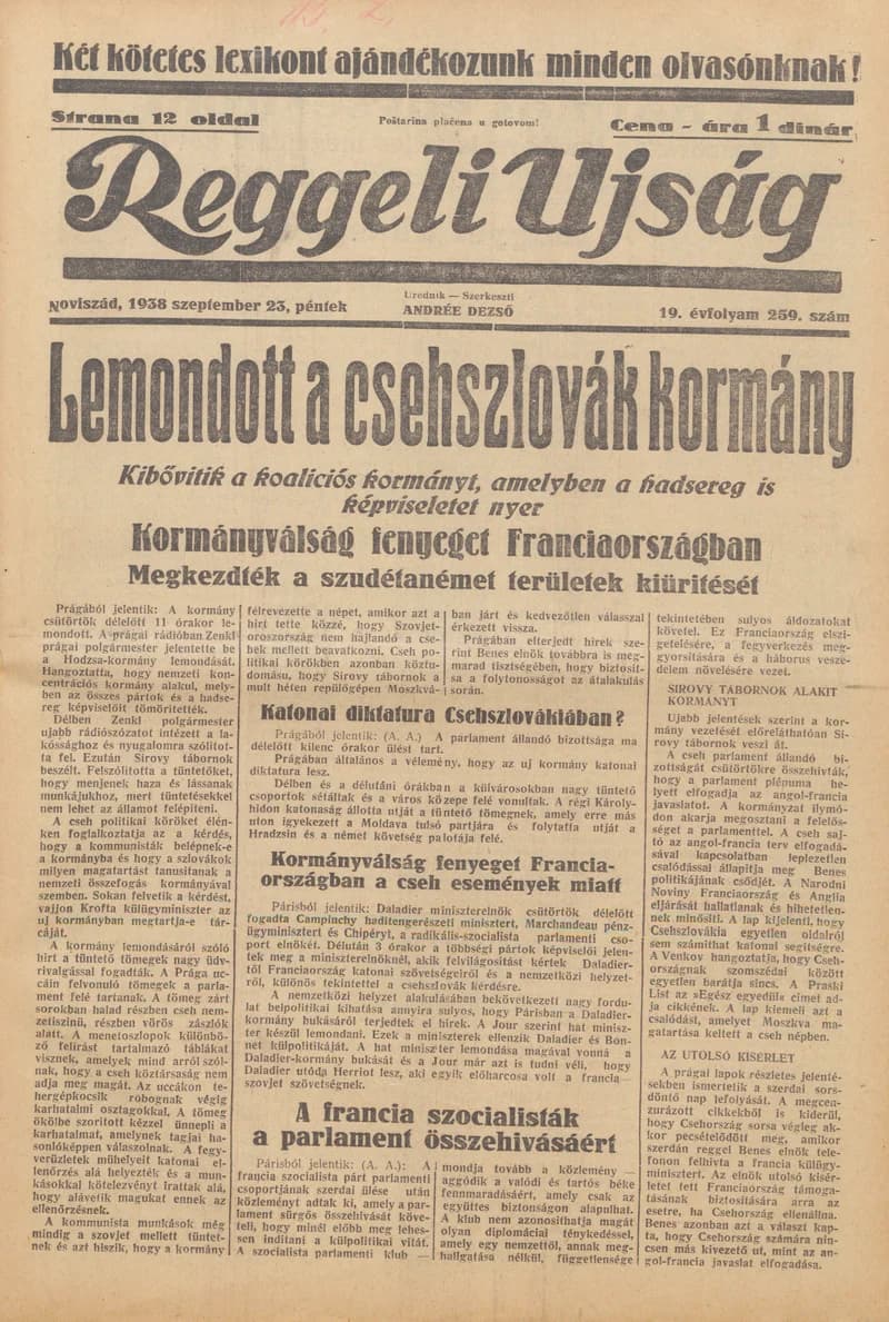 Reggeli Újság, 19. évf. 1938. szeptember 23. 259. sz.