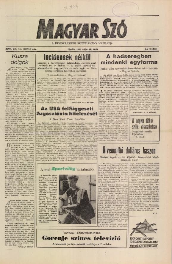 Magyar Szó, 48. évf. 1991. május 20. 136. sz. 1–20. oldal