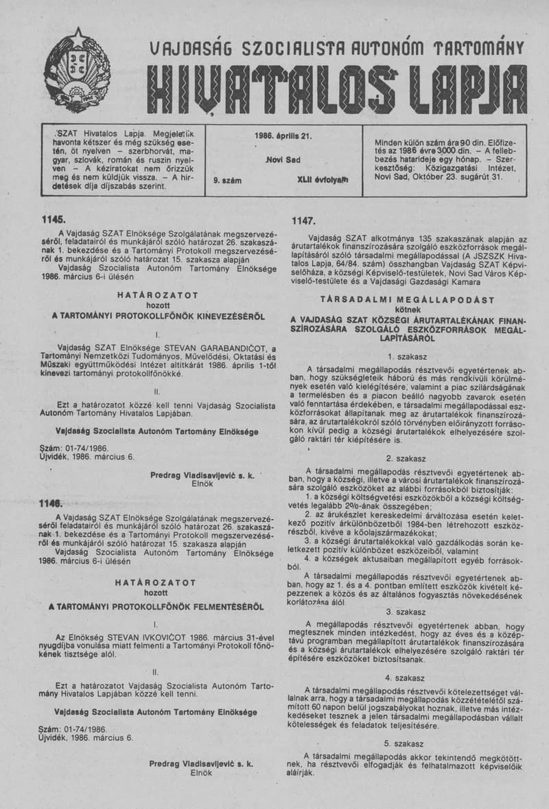 Vajdaság Szocialista Autonóm Tartomány Hivatalos Lapja, 42. évf. 1986. április 21. 9. sz.