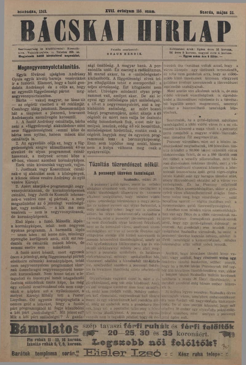 Bácskai Hirlap, 17. évf. 1913. május 21. 115. sz.