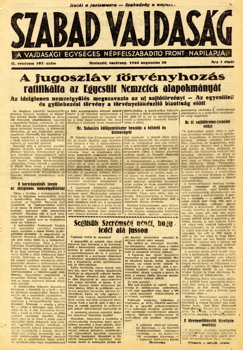 Szabad Vajdaság, 2. évf. 1945. augusztus 26. 197. sz.